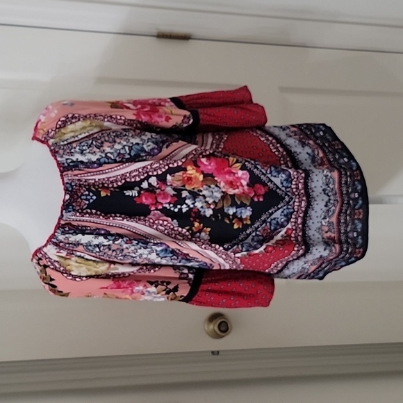 Bila Size S Tie Neckline Boho / Handkerchief Print Bell Sleeve Top, EUC - Picture 5 of 13